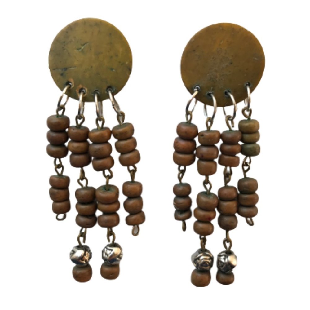 Vintage Brown Silver Wood Stud Dangle Earring